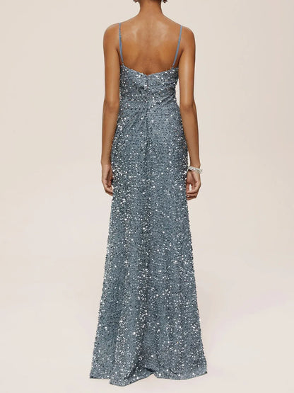 Special Occasion Sophisticated Graceful Elegant Silver Sequin Mermaid Sleeveless Floor-Length Evening Dress