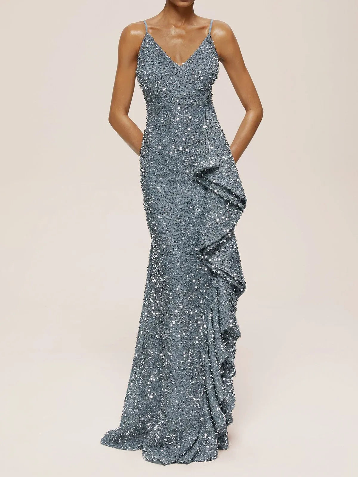 Special Occasion Sophisticated Graceful Elegant Silver Sequin Mermaid Sleeveless Floor-Length Evening Dress