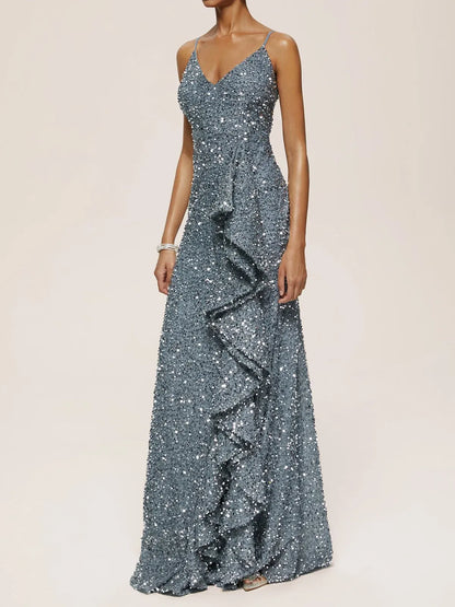 Special Occasion Sophisticated Graceful Elegant Silver Sequin Mermaid Sleeveless Floor-Length Evening Dress