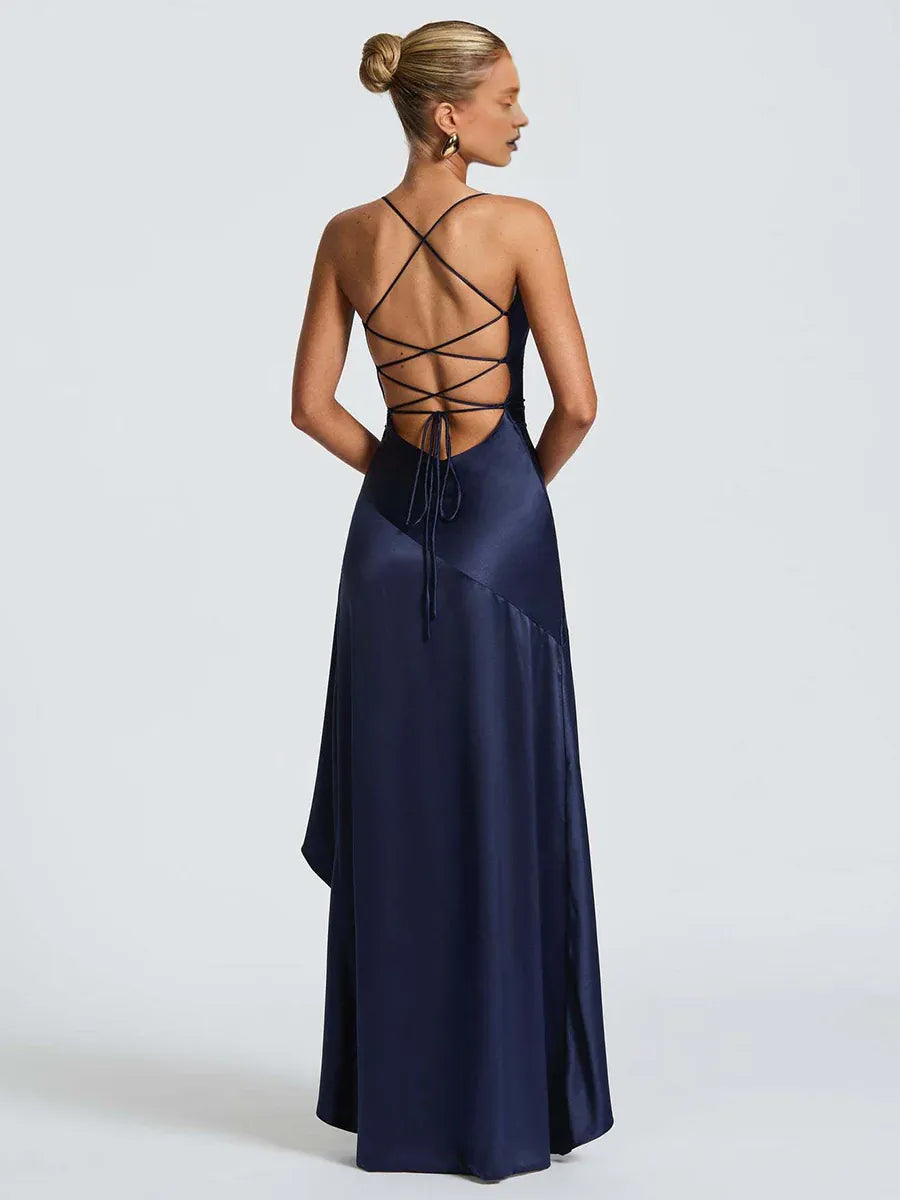 Graceful Stylish Refined Elegant Navy Blue Satin Mermaid Sleeveless Floor-Length Prom Dress