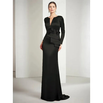 Luxurious Red Applique Mermaid Classic-Neck Long-Sleeve Classic-Back Floor-Length Mother-of-the-Bride Dress