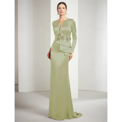Luxurious Red Applique Mermaid Classic-Neck Long-Sleeve Classic-Back Floor-Length Mother-of-the-Bride Dress
