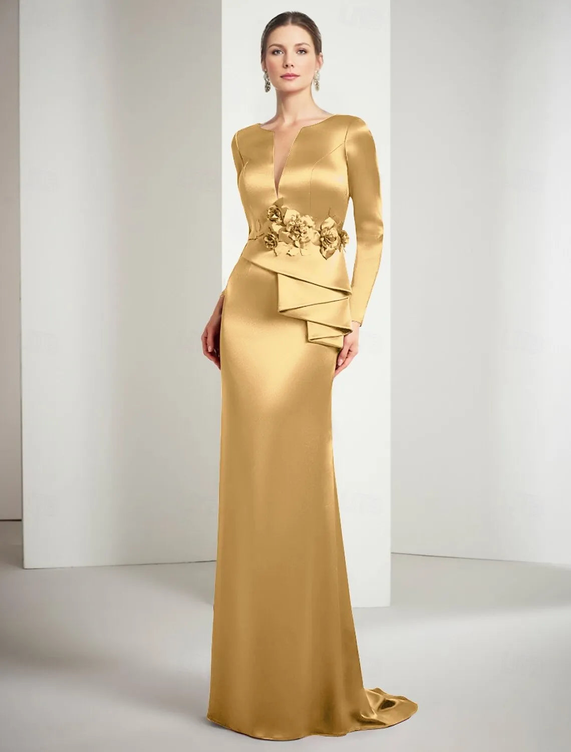 Gold Mermaid Split Neck Long Sleeve Floor Length Evening Dress