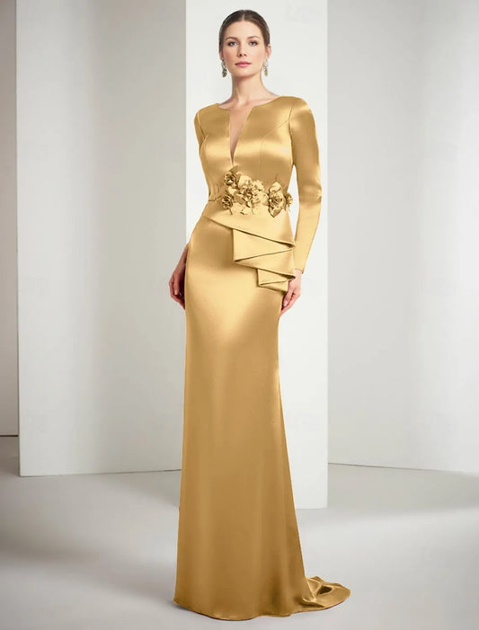 Luxurious Red Applique Mermaid Classic-Neck Long-Sleeve Classic-Back Floor-Length Mother-of-the-Bride Dress