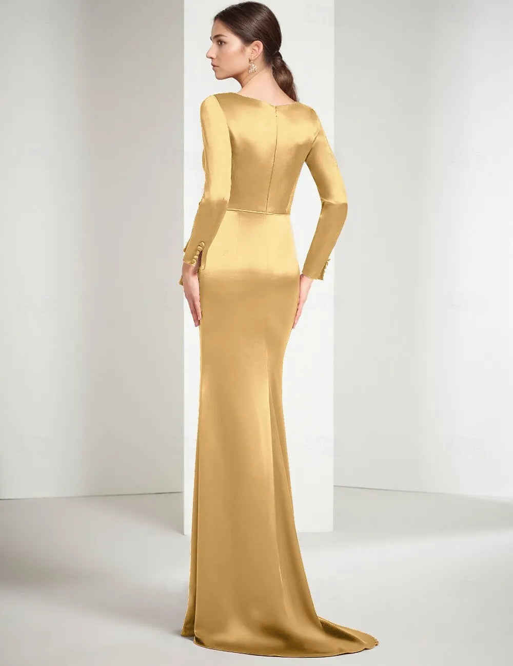 Gold Mermaid Split Neck Long Sleeve Floor Length Evening Dress
