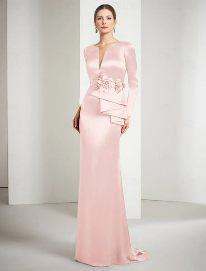 Luxurious Red Applique Mermaid Classic-Neck Long-Sleeve Classic-Back Floor-Length Mother-of-the-Bride Dress