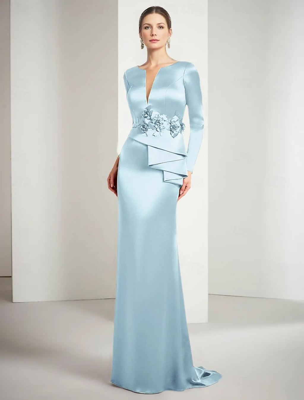 Gold Mermaid Split Neck Long Sleeve Floor Length Evening Dress