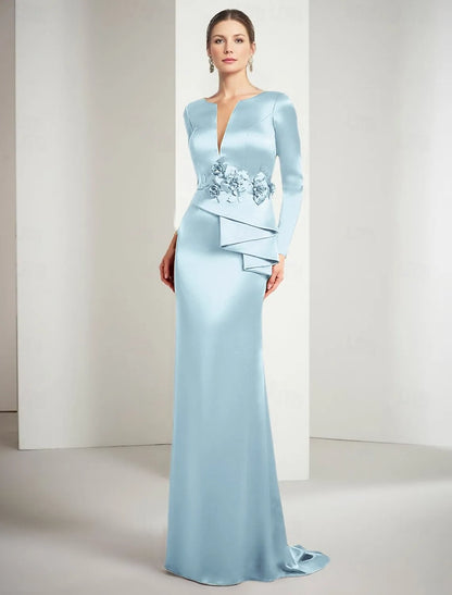 Luxurious Red Applique Mermaid Classic-Neck Long-Sleeve Classic-Back Floor-Length Mother-of-the-Bride Dress