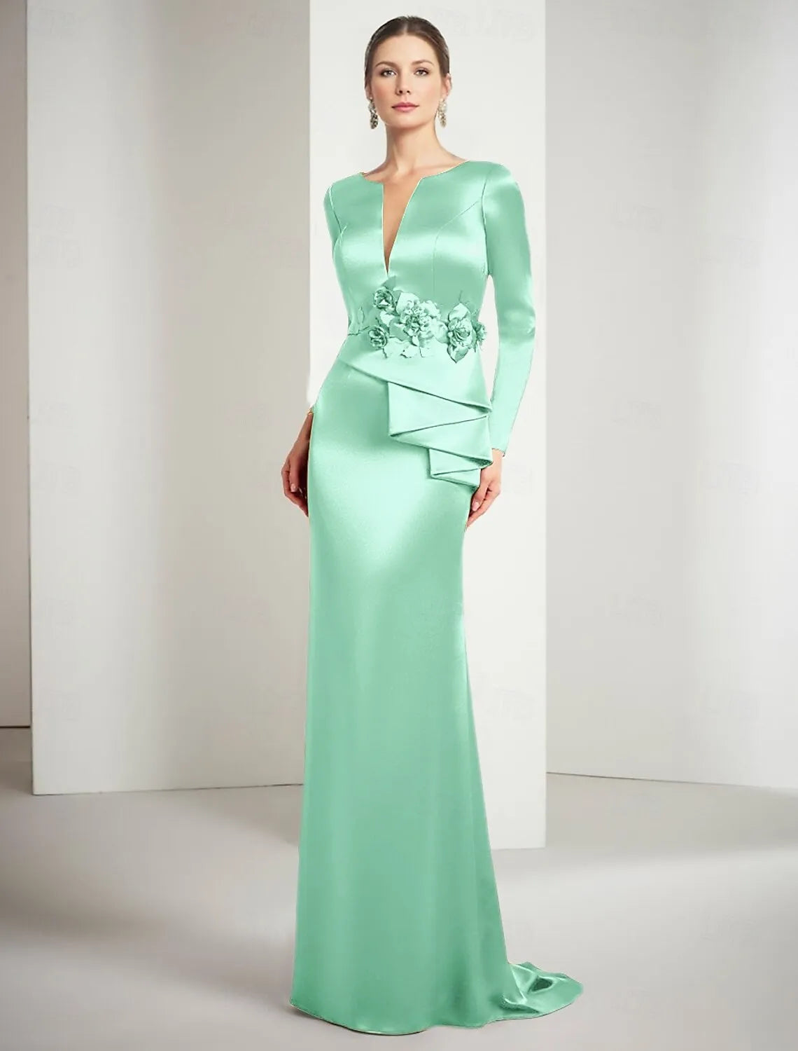 Gold Mermaid Split Neck Long Sleeve Floor Length Evening Dress