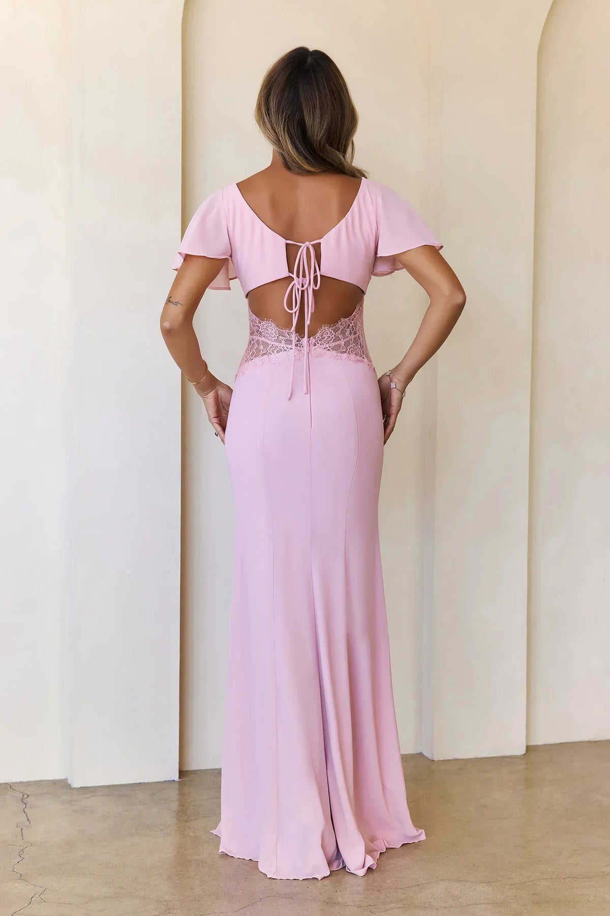 Pink Mermaid Square Neck Cap Sleeves Applique Maxi Prom Dress