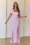 Pink Mermaid Square Neck Cap Sleeves Applique Maxi Prom Dress
