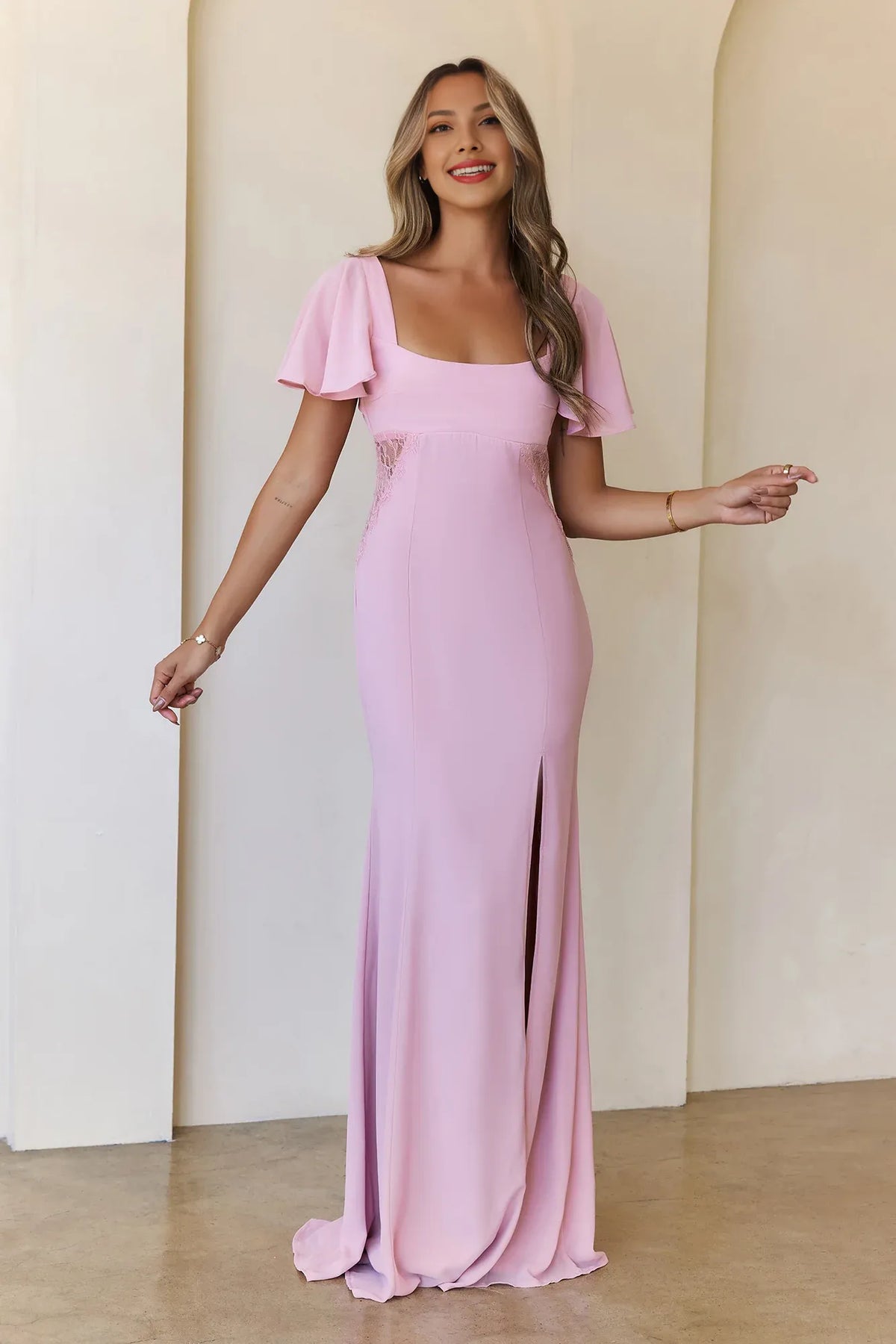 Pink Mermaid Square Neck Cap Sleeves Applique Maxi Prom Dress