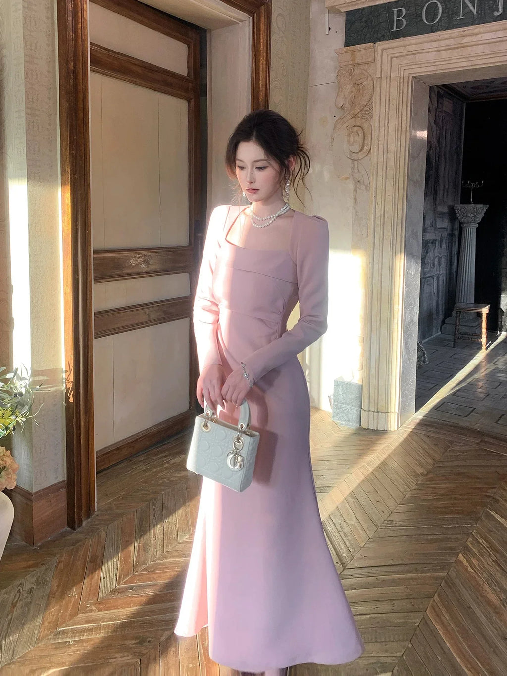 Mermaid Square Neck Long Sleeve Blush Maxi Prom Dress