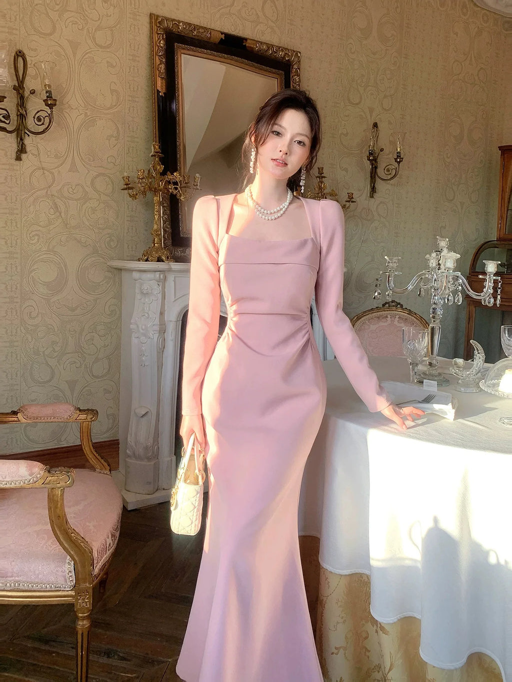 Mermaid Square Neck Long Sleeve Blush Maxi Prom Dress