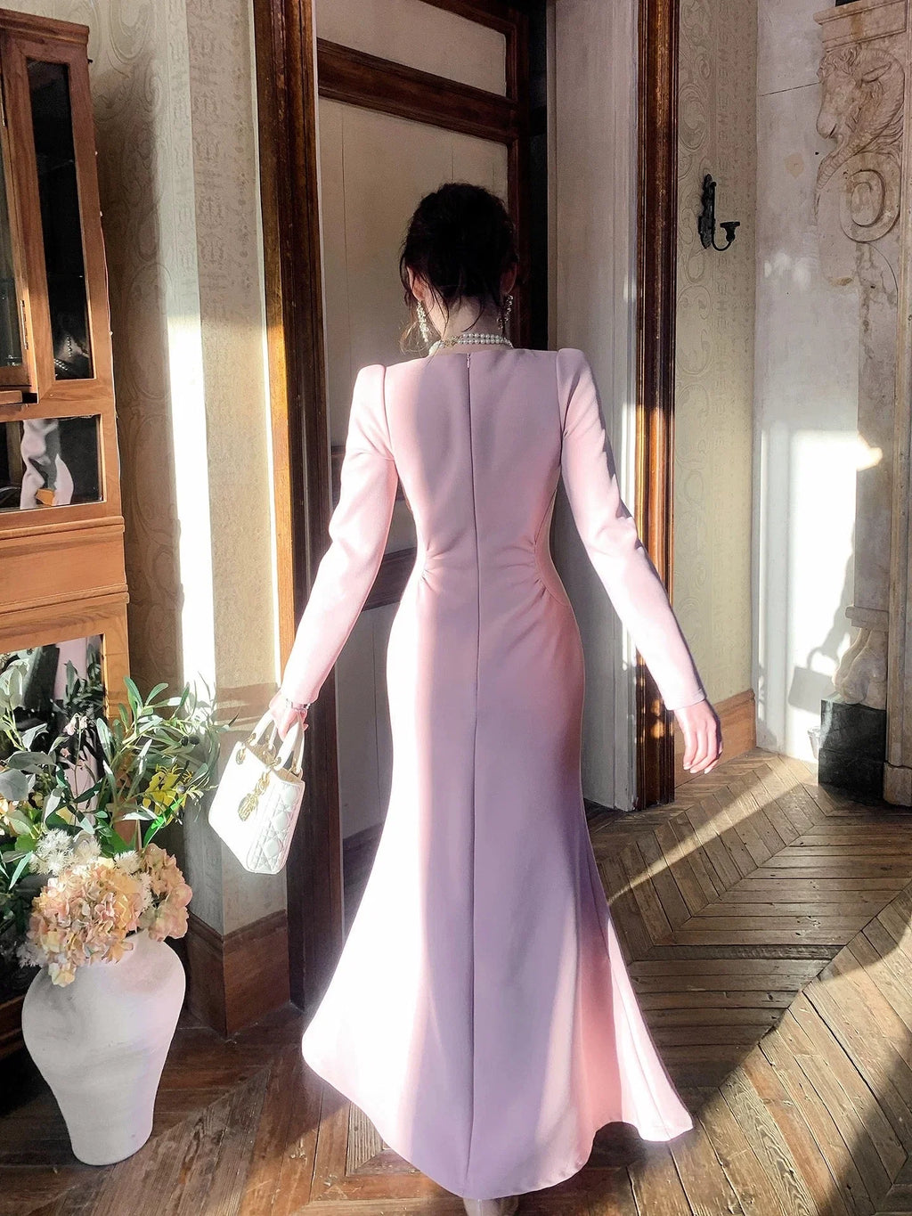 Mermaid Square Neck Long Sleeve Blush Maxi Prom Dress