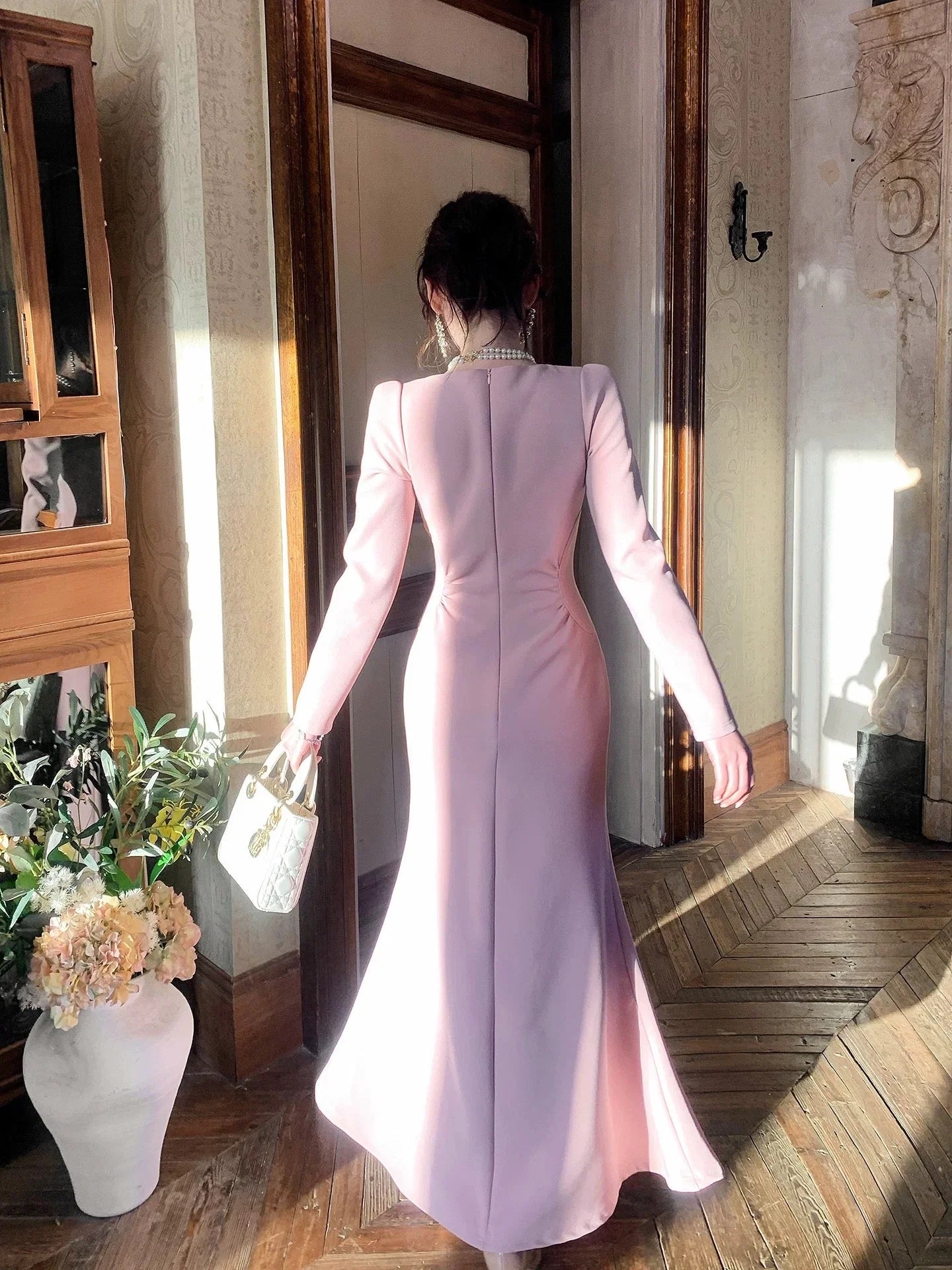 Mermaid Square Neck Long Sleeve Blush Maxi Prom Dress