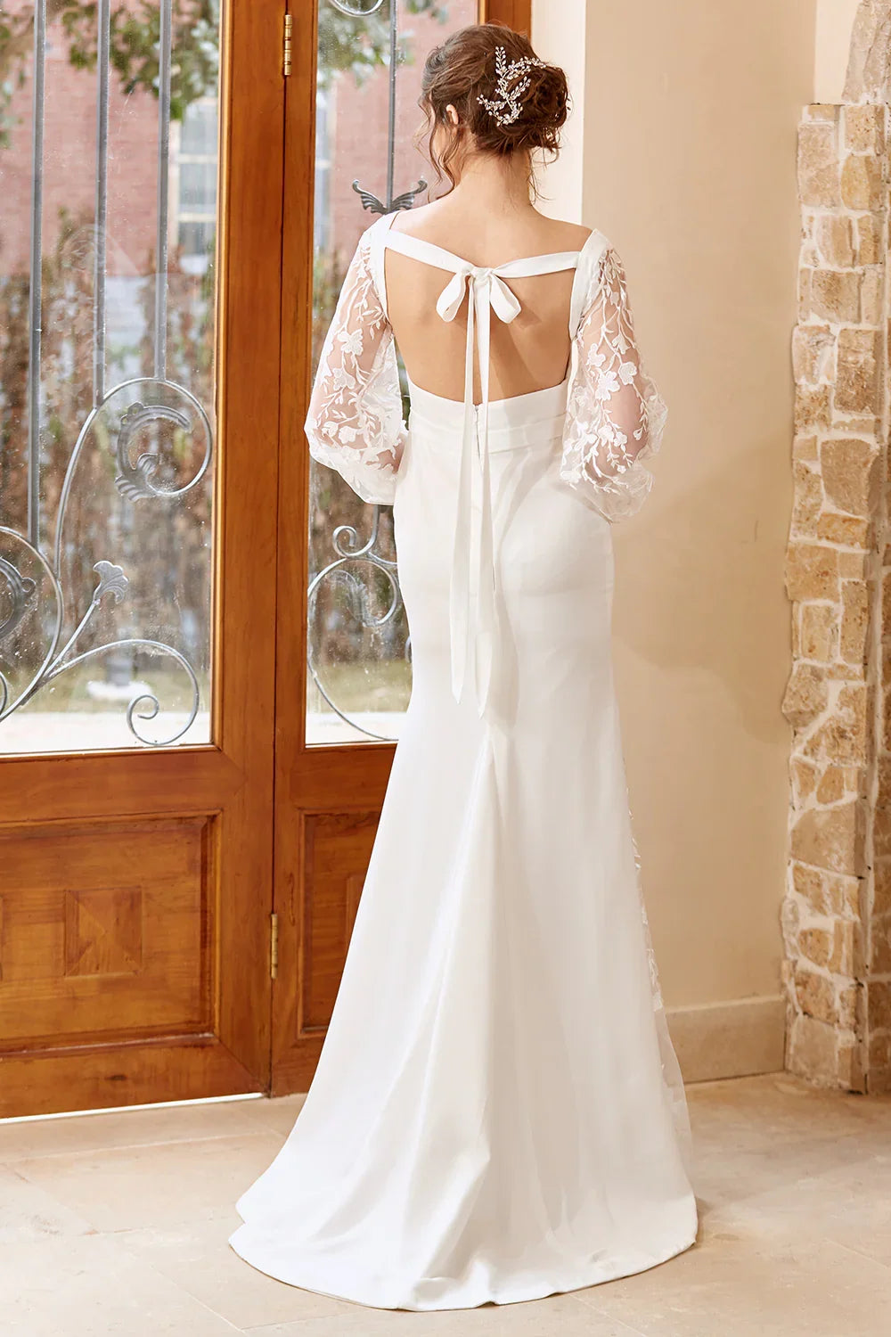 Chic Elegant White Lace Mermaid Square Neck Long Sleeve Long Wedding Dress