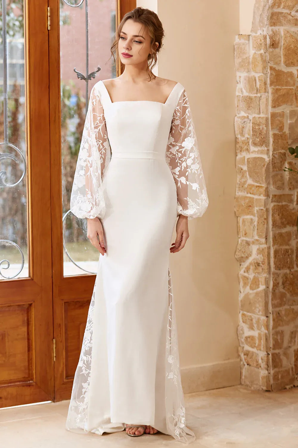 Chic Elegant White Lace Mermaid Square Neck Long Sleeve Long Wedding Dress