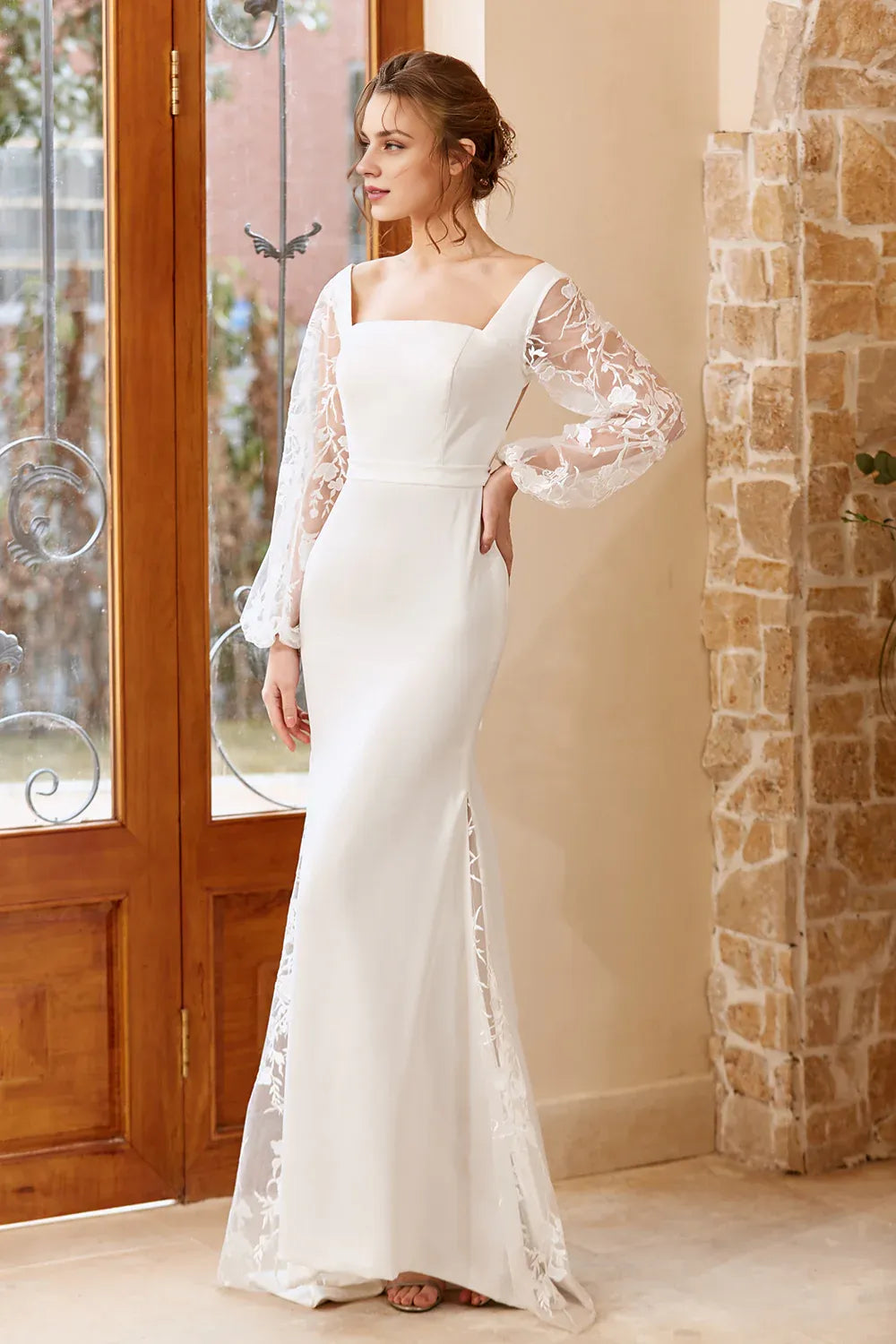Chic Elegant White Lace Mermaid Square Neck Long Sleeve Long Wedding Dress