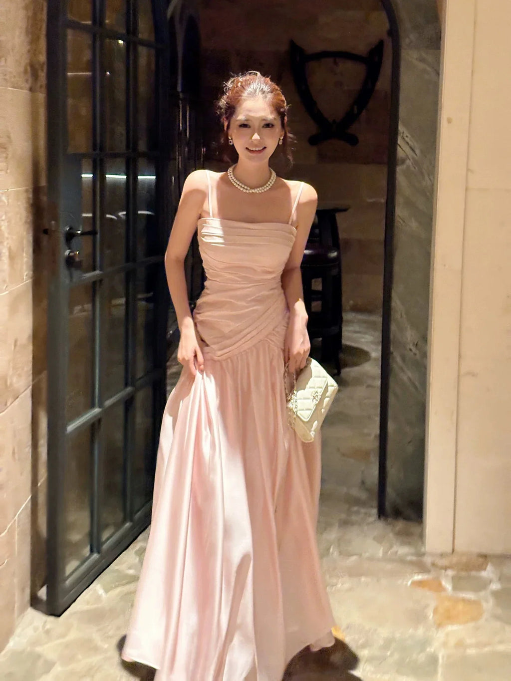 Mermaid Square Neck Sleeveless Ruched Blush Maxi Prom Dress