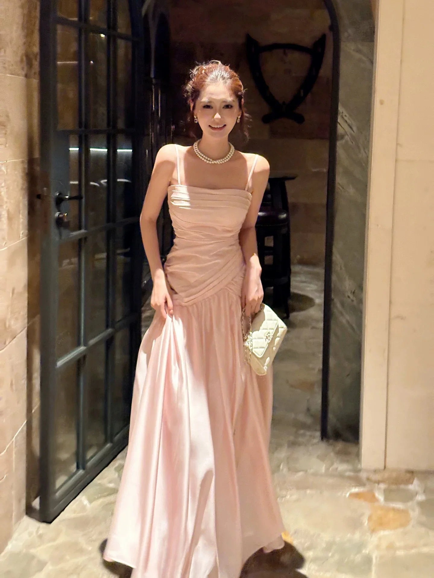 Mermaid Square Neck Sleeveless Ruched Blush Maxi Prom Dress