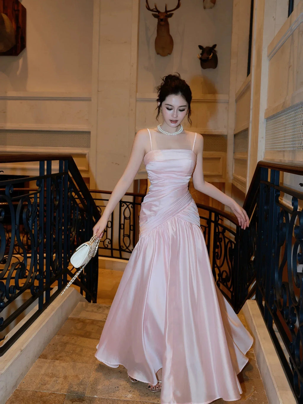 Mermaid Square Neck Sleeveless Ruched Blush Maxi Prom Dress