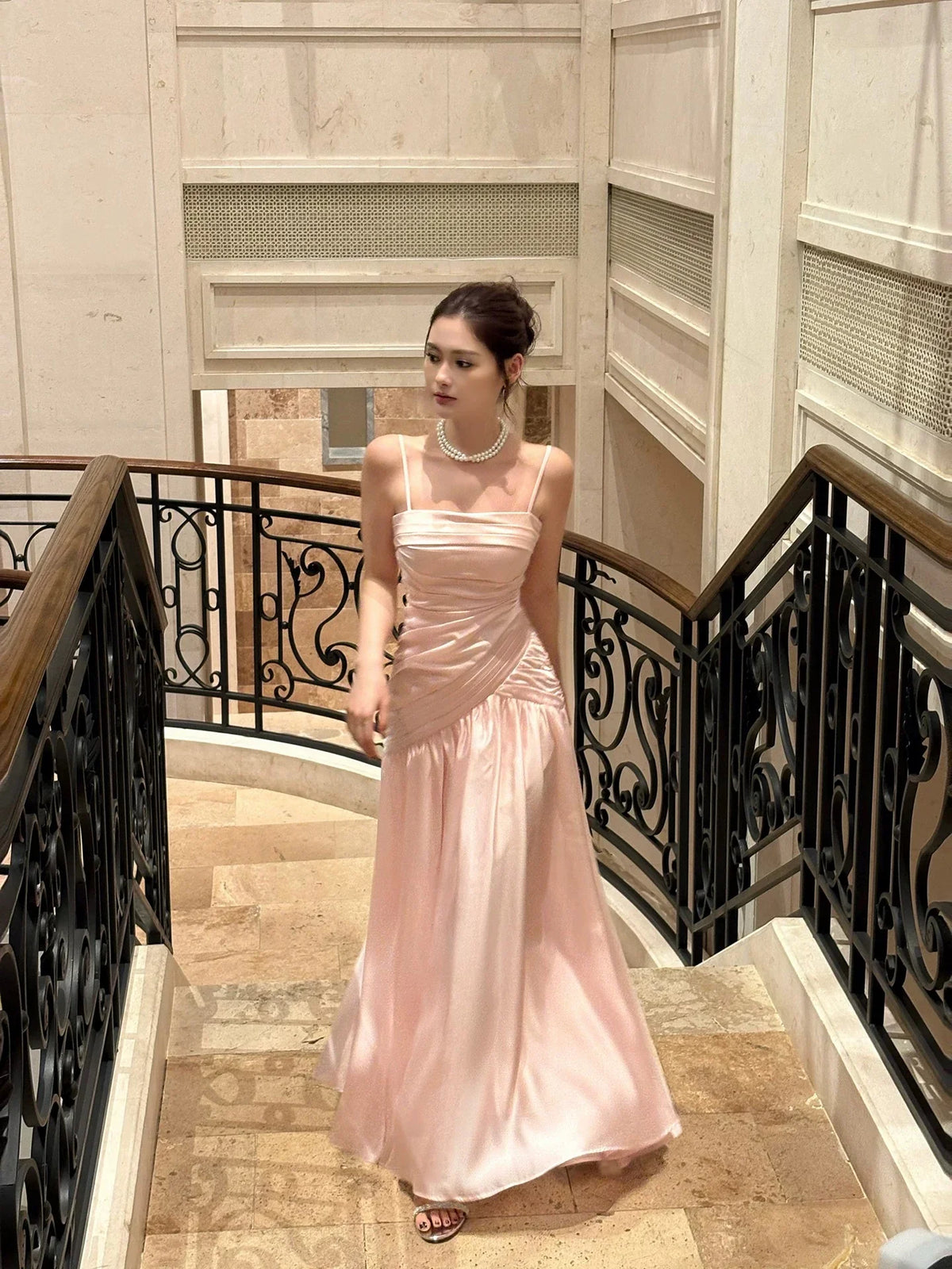 Mermaid Square Neck Sleeveless Ruched Blush Maxi Prom Dress