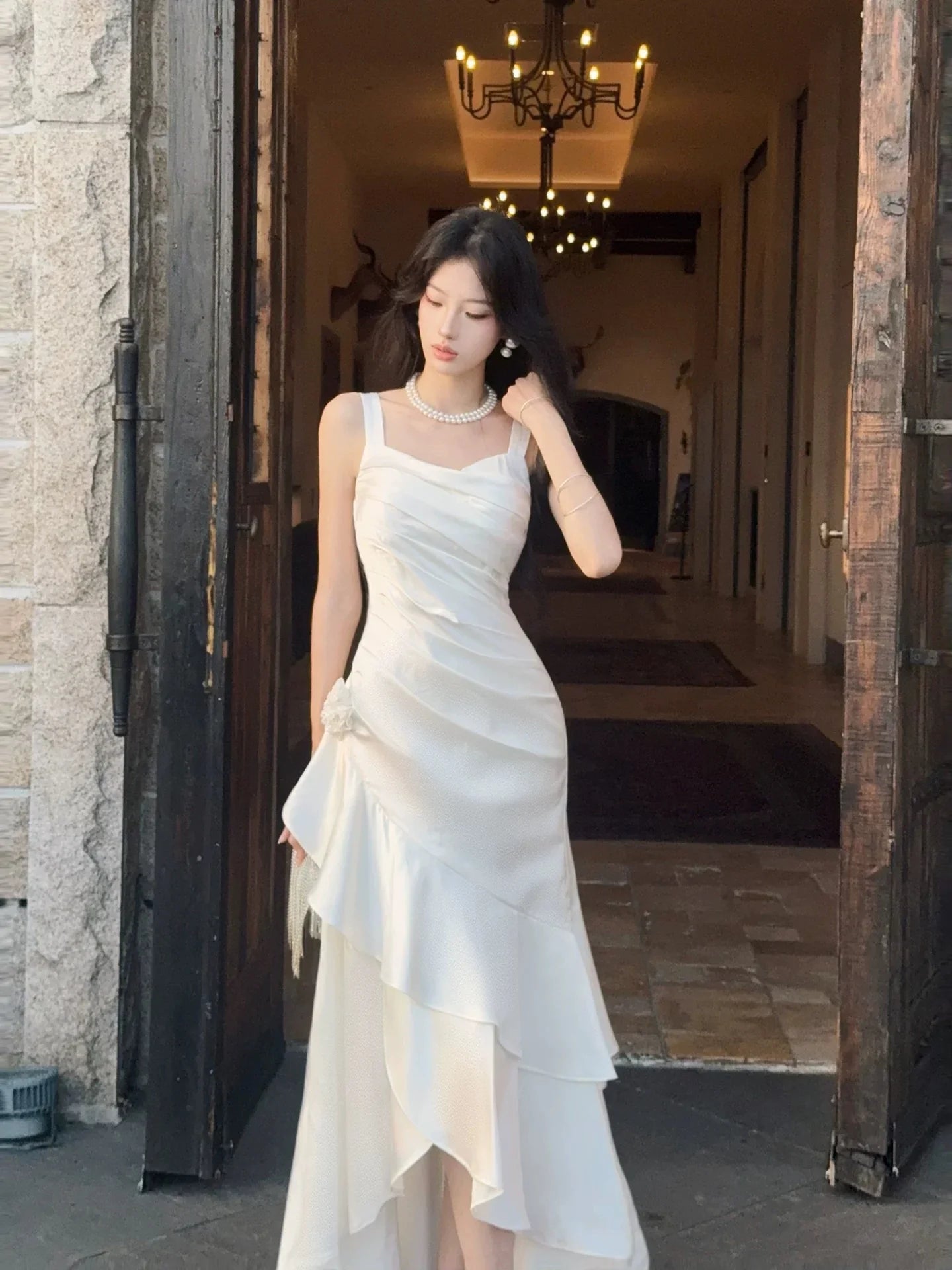 White Mermaid Square Neck Sleeveless Ruffled Maxi Prom Dress
