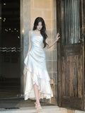White Mermaid Square Neck Sleeveless Ruffled Maxi Prom Dress