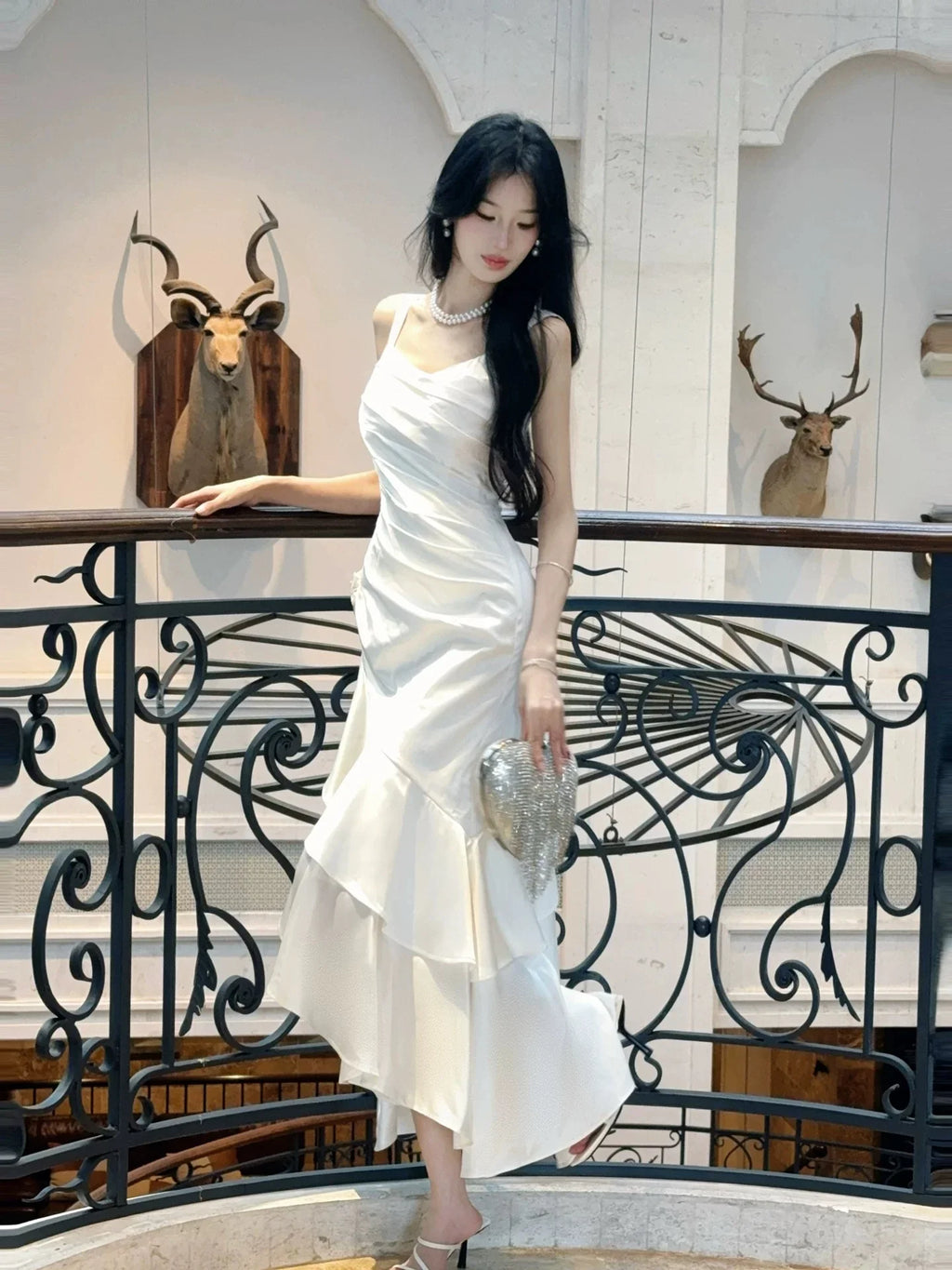 White Mermaid Square Neck Sleeveless Ruffled Maxi Prom Dress