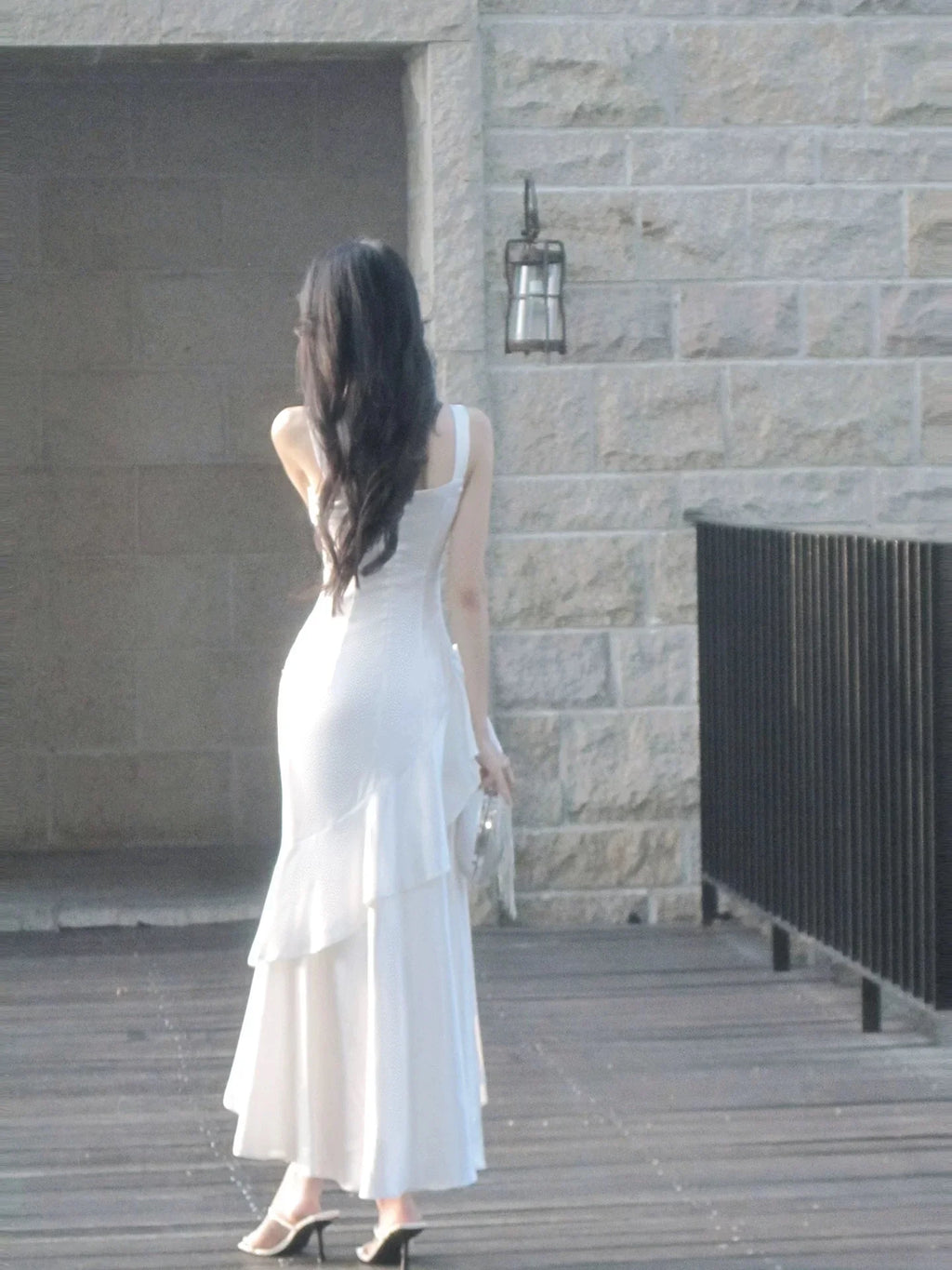 White Mermaid Square Neck Sleeveless Ruffled Maxi Prom Dress