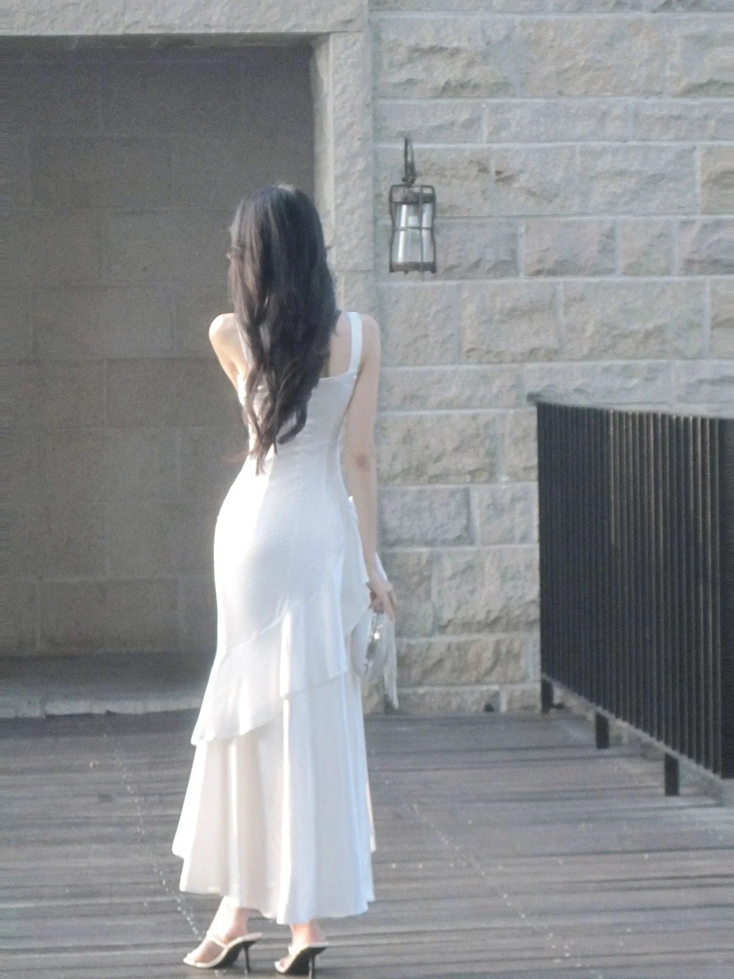 White Mermaid Square Neck Sleeveless Ruffled Maxi Prom Dress