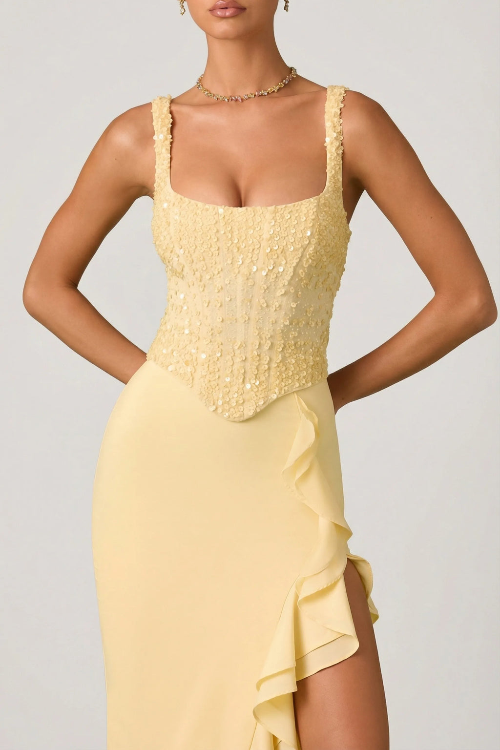 Mermaid Square Neck Sleeveless Bodice Ruffled High Slit Floor Length Prom Dresses