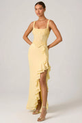 Mermaid Square Neck Sleeveless Bodice Ruffled High Slit Floor Length Prom Dresses
