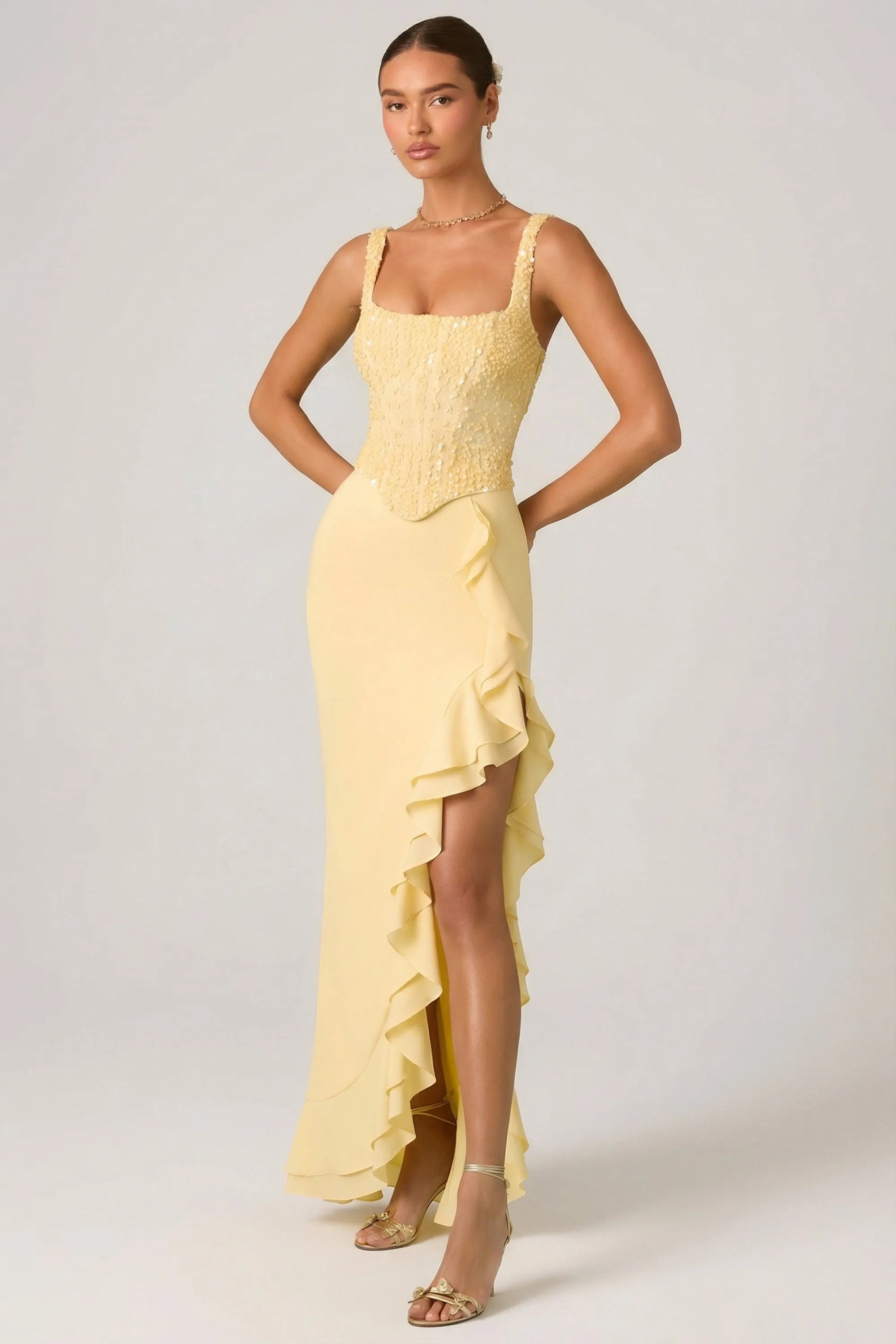 Mermaid Square Neck Sleeveless Bodice Ruffled High Slit Floor Length Prom Dresses