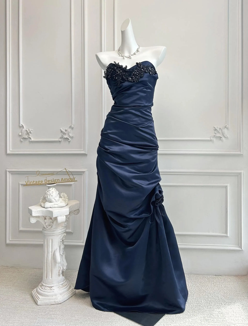 Navy Blue Mermaid Strapless Beaded Ruched Floor-Length Evening Dress