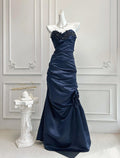 Navy Blue Mermaid Strapless Beaded Ruched Floor-Length Evening Dress