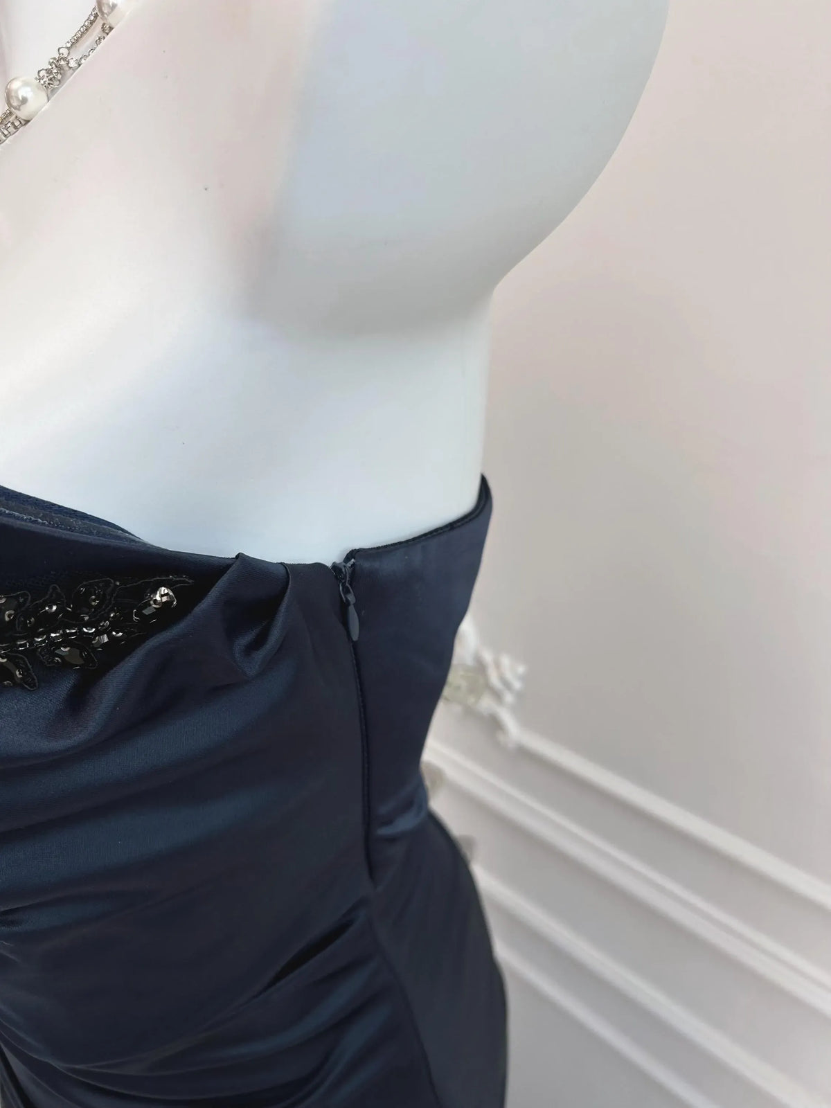 Navy Blue Mermaid Strapless Beaded Ruched Floor-Length Evening Dress