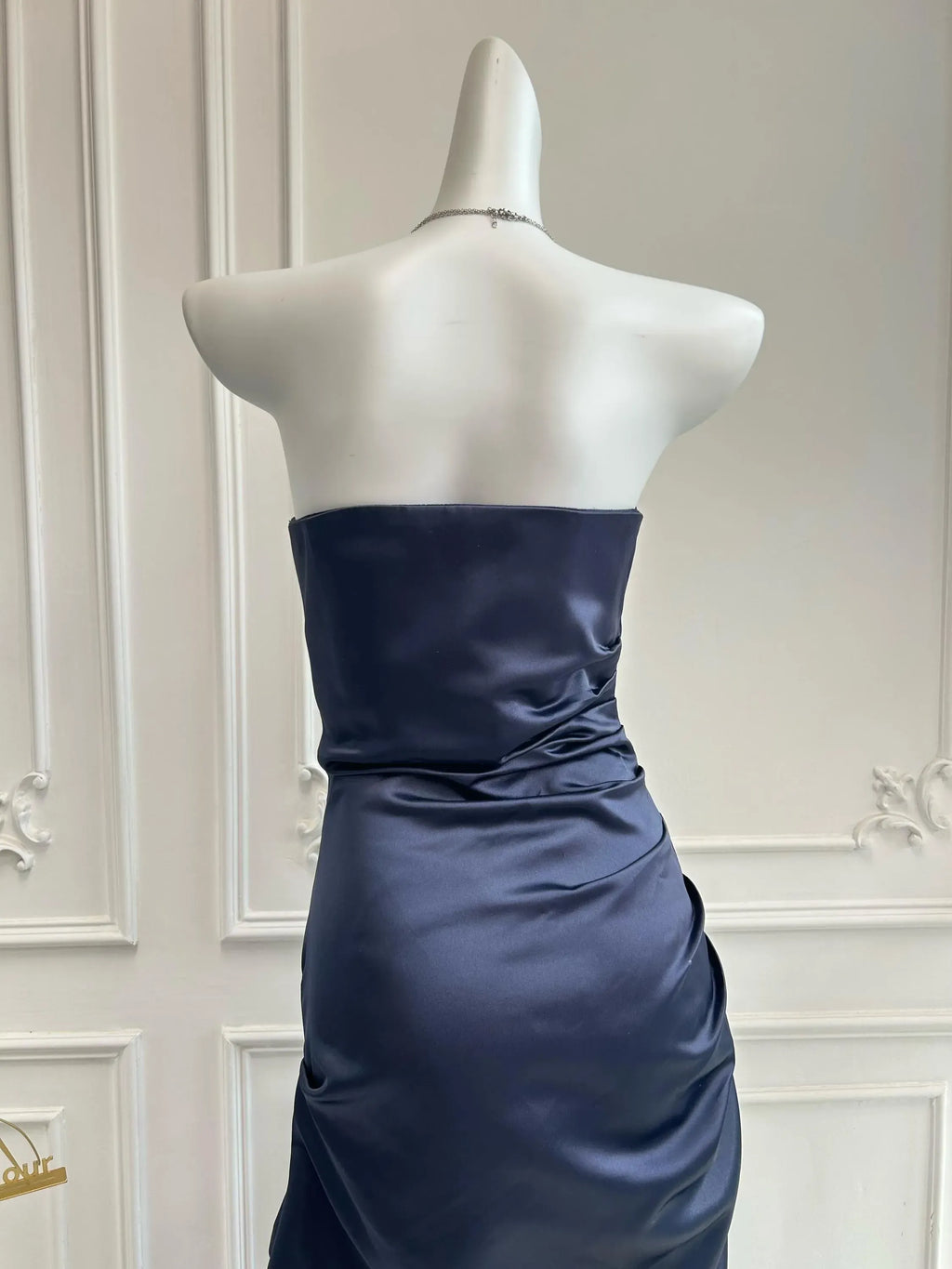 Navy Blue Mermaid Strapless Beaded Ruched Floor-Length Evening Dress