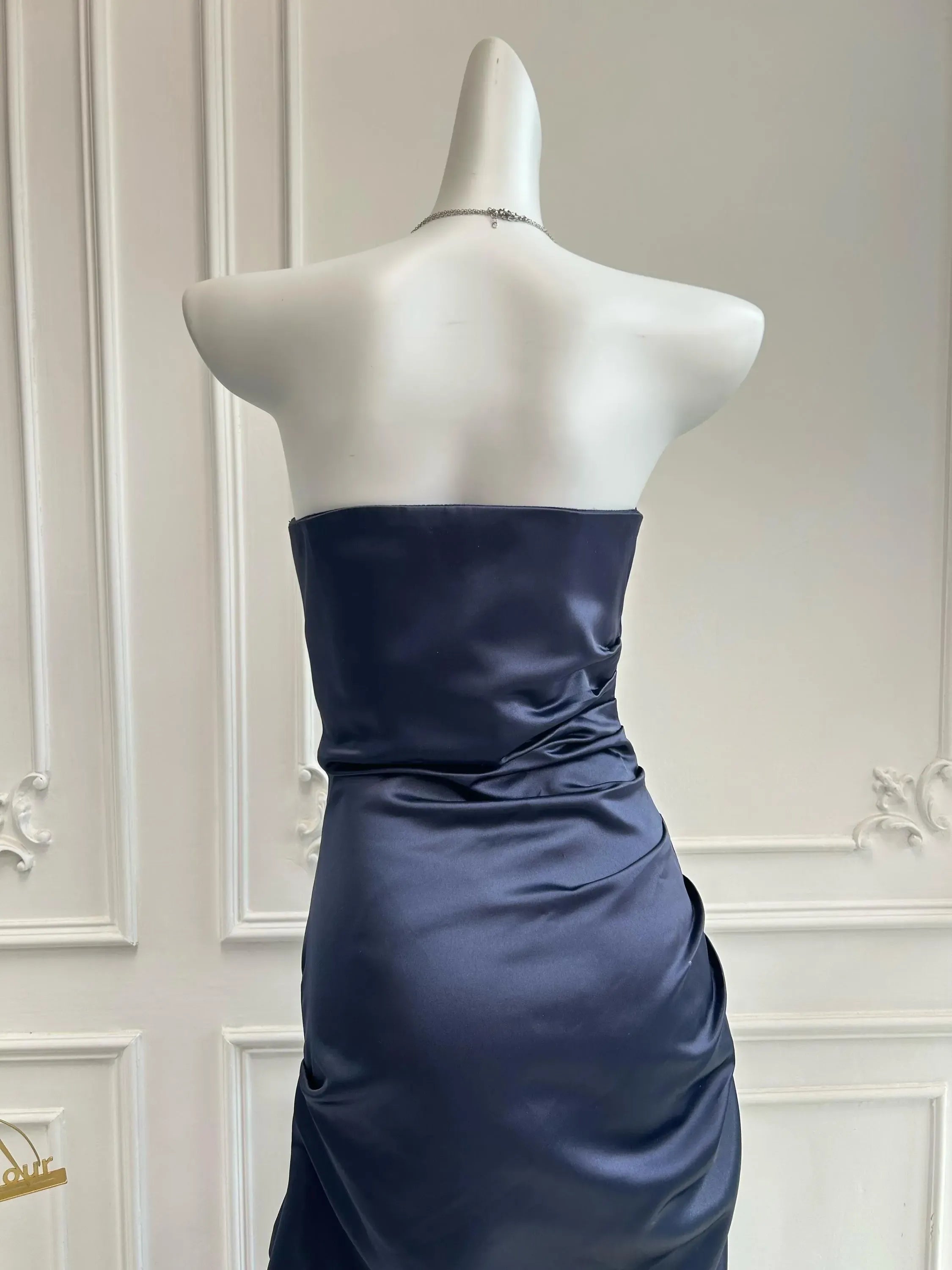 Navy Blue Mermaid Strapless Beaded Ruched Floor-Length Evening Dress