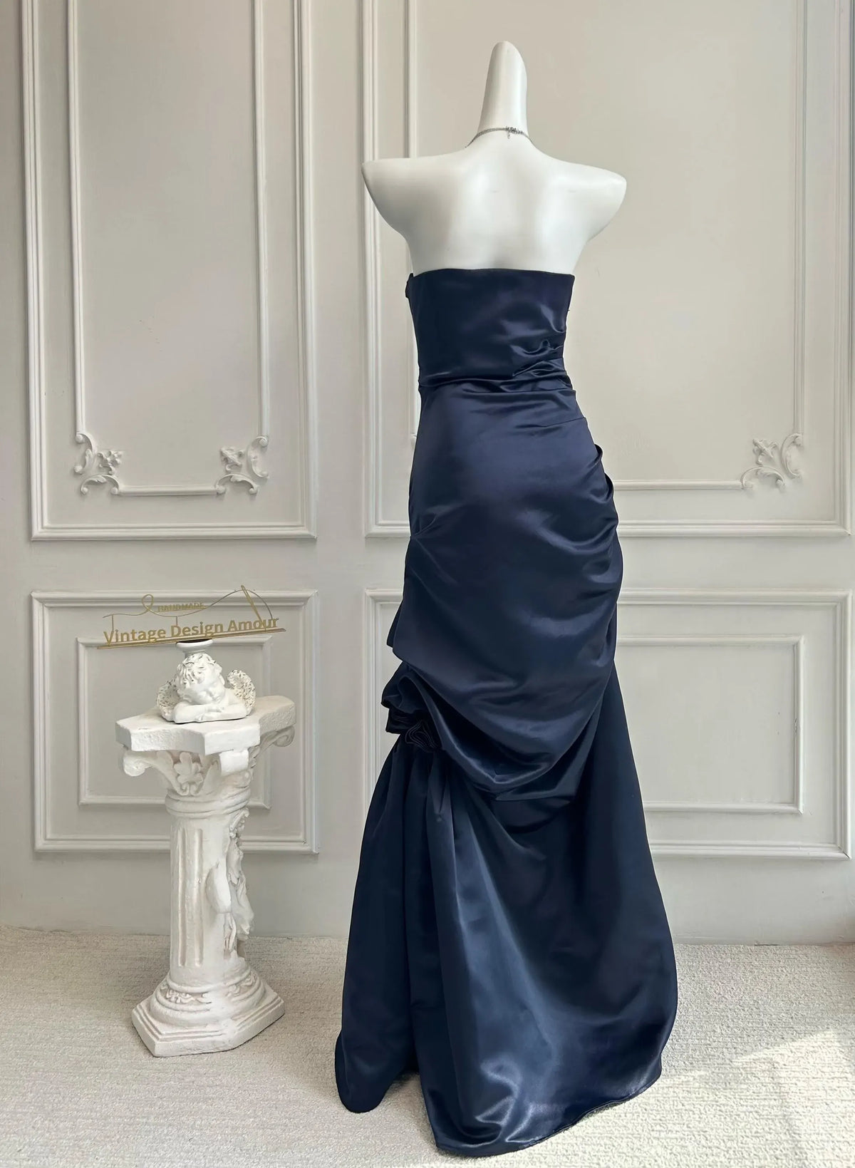 Navy Blue Mermaid Strapless Beaded Ruched Floor-Length Evening Dress
