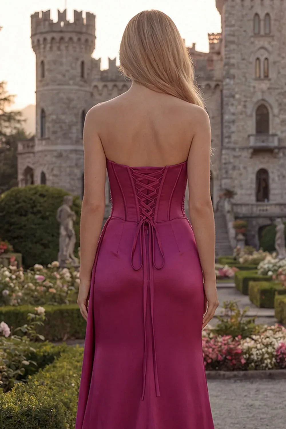 Mermaid Strapless Corset Applique Lace-Up Slit Fuchsia Maxi Prom Dress