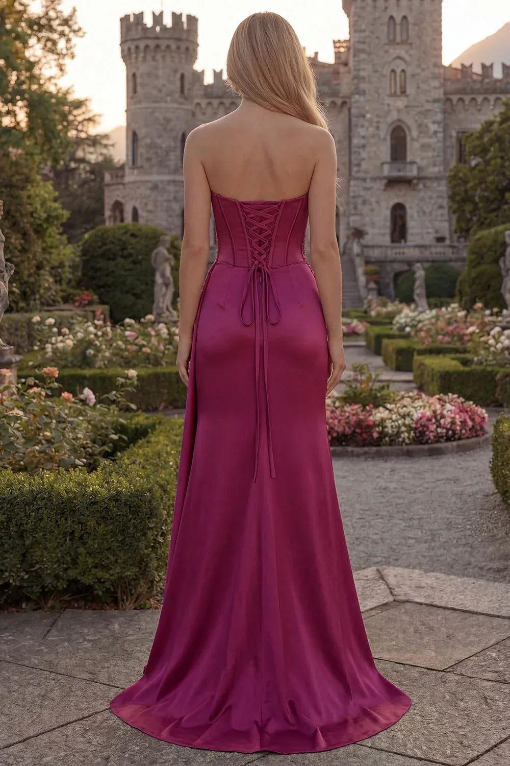 Mermaid Strapless Corset Applique Lace-Up Slit Fuchsia Maxi Prom Dress