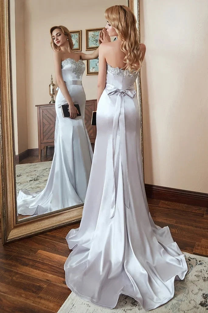 Silver Mermaid Strapless Maxi Prom Dress