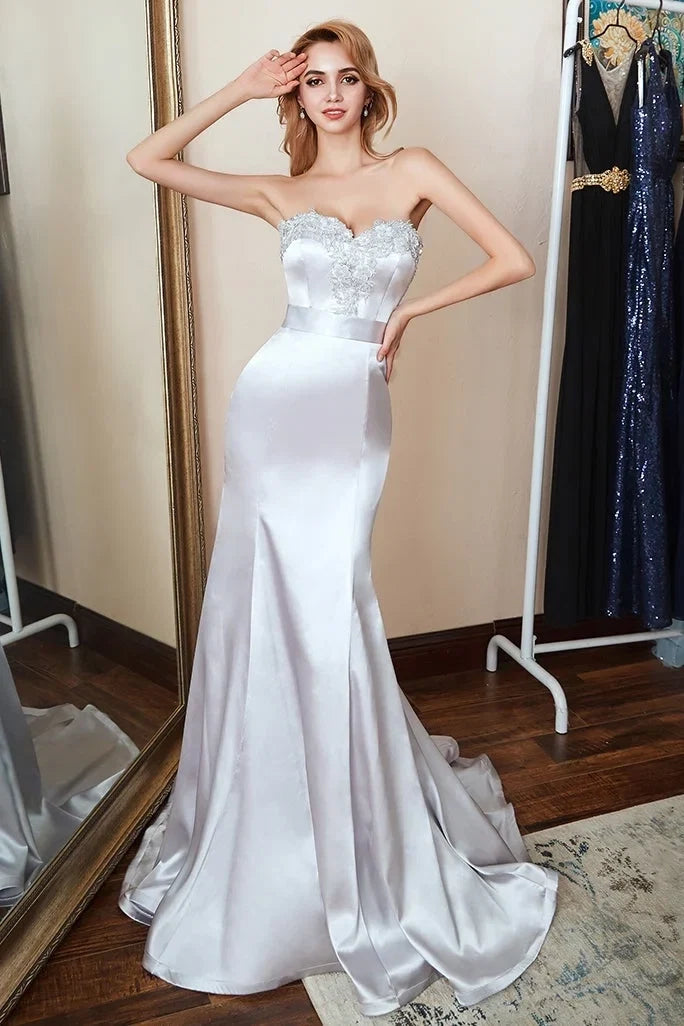 Silver Mermaid Strapless Maxi Prom Dress