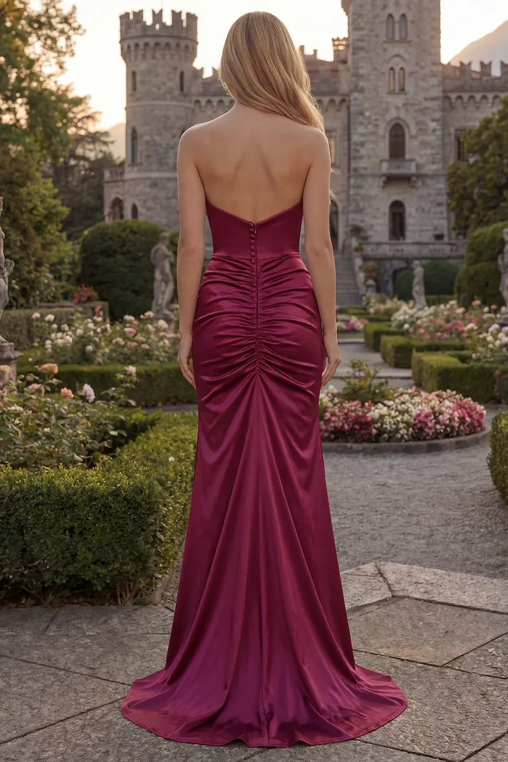 Burgundy Mermaid Strapless Ruched Train Prom Dress With Slit
