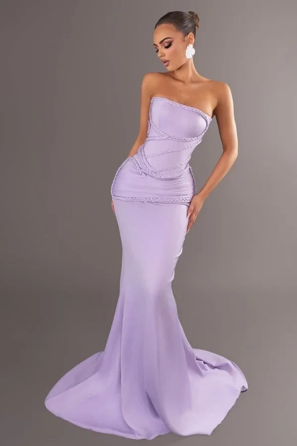 Lavender Mermaid Strapless Sleeveless Braided Maxi Prom Dress