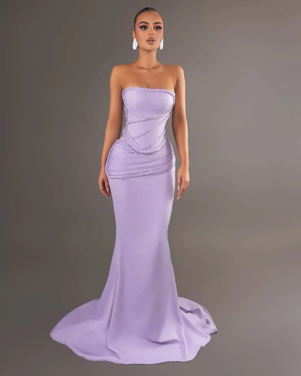 Lavender Mermaid Strapless Sleeveless Braided Maxi Prom Dress