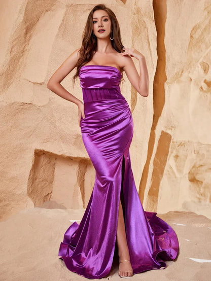 Stylish Refined Beautiful Timeless Elegant Red Satin Mermaid Strapless Sleeveless Prom Dress