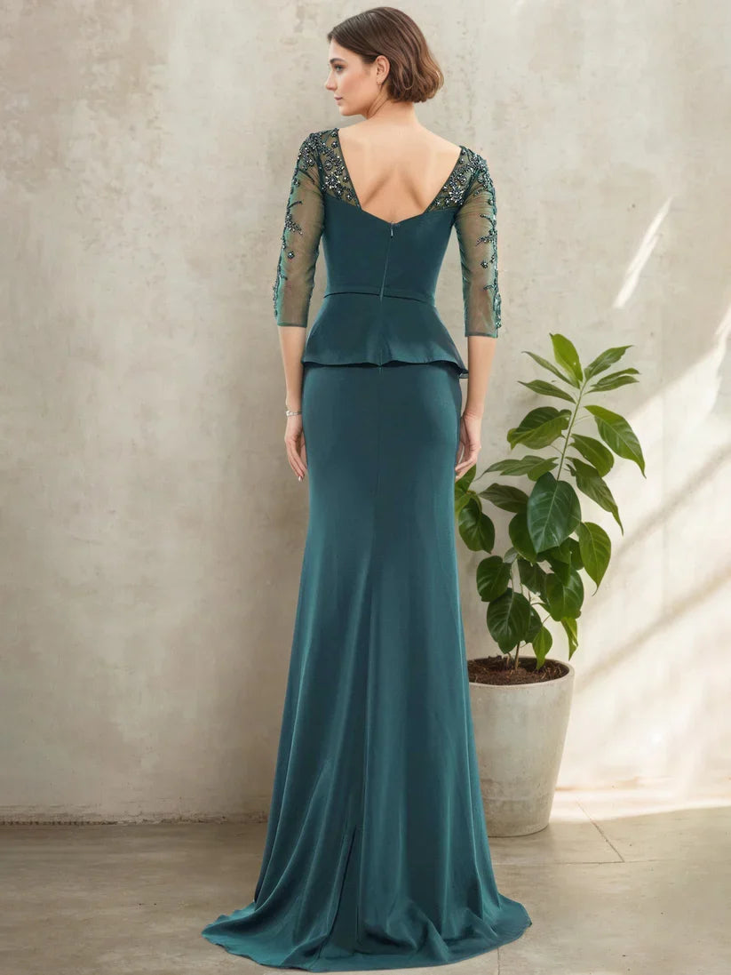 Mermaid Sweetheart 3/4-Sleeve Back Zip Floor-Length Mother Of The Bride Dresses with Appliques
